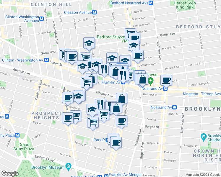 map of restaurants, bars, coffee shops, grocery stores, and more near 1035 Atlantic Avenue in Brooklyn