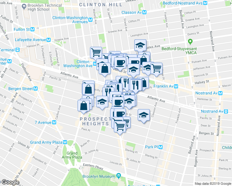 map of restaurants, bars, coffee shops, grocery stores, and more near 599 Washington Avenue in Brooklyn
