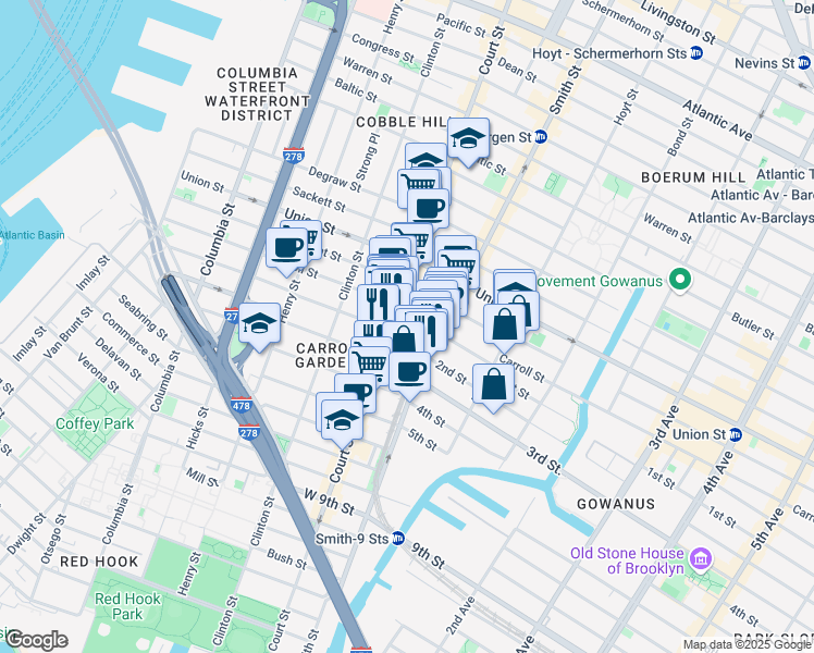 map of restaurants, bars, coffee shops, grocery stores, and more near 398 Court Street in Brooklyn