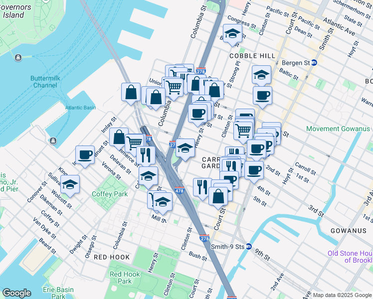 map of restaurants, bars, coffee shops, grocery stores, and more near Rapelye Street in Brooklyn
