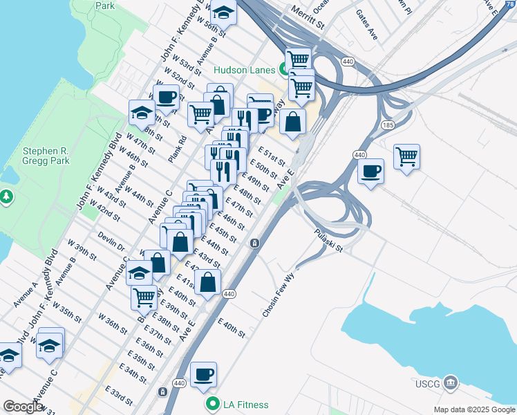 map of restaurants, bars, coffee shops, grocery stores, and more near 55 East Grand Street in Bayonne
