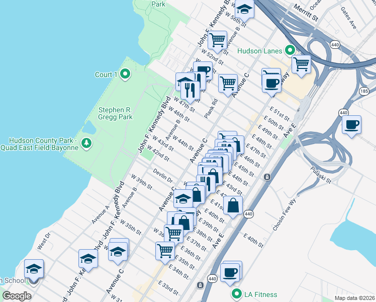 map of restaurants, bars, coffee shops, grocery stores, and more near 74-76 East 43rd Street in Bayonne