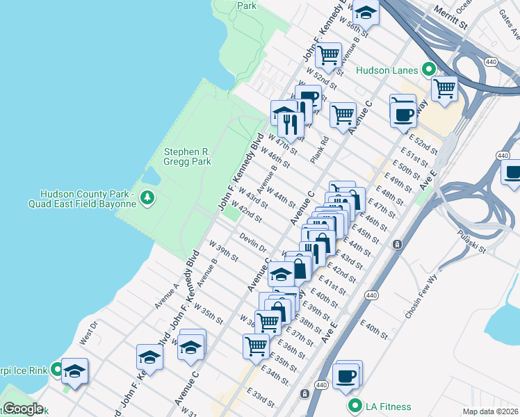 map of restaurants, bars, coffee shops, grocery stores, and more near 102 West 42nd Street in Bayonne