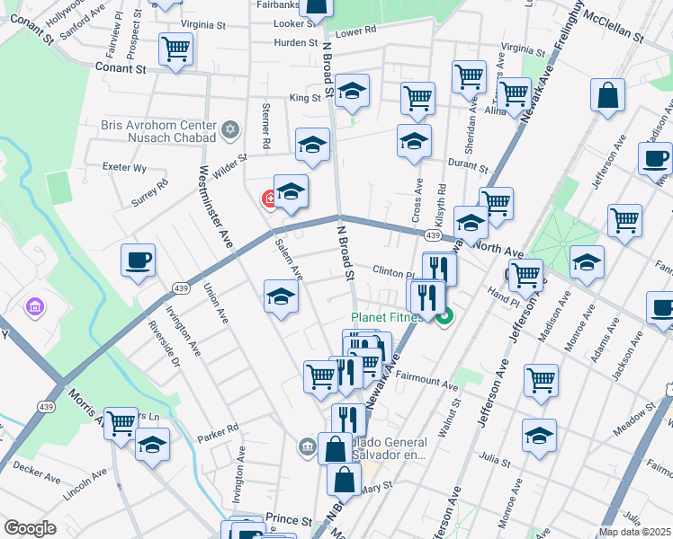 map of restaurants, bars, coffee shops, grocery stores, and more near 712 North Broad Street in Elizabeth