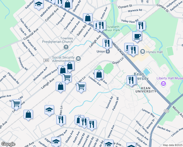 map of restaurants, bars, coffee shops, grocery stores, and more near 1078 Woodland Avenue in Union