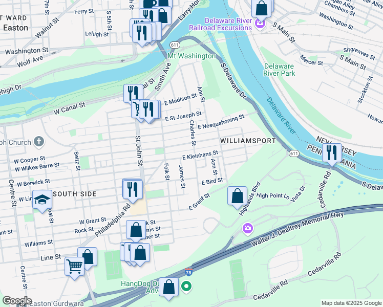 map of restaurants, bars, coffee shops, grocery stores, and more near 210 Terry Street in Easton