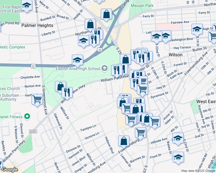 map of restaurants, bars, coffee shops, grocery stores, and more near 60 Craigie Street in Easton