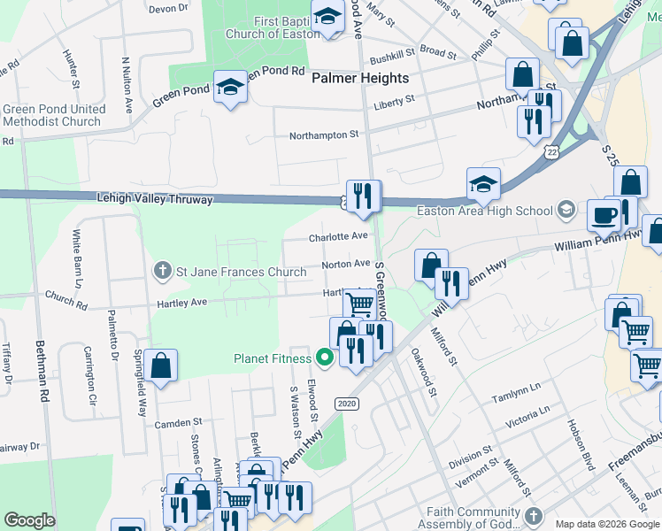 map of restaurants, bars, coffee shops, grocery stores, and more near 114 Loomis Street in Easton