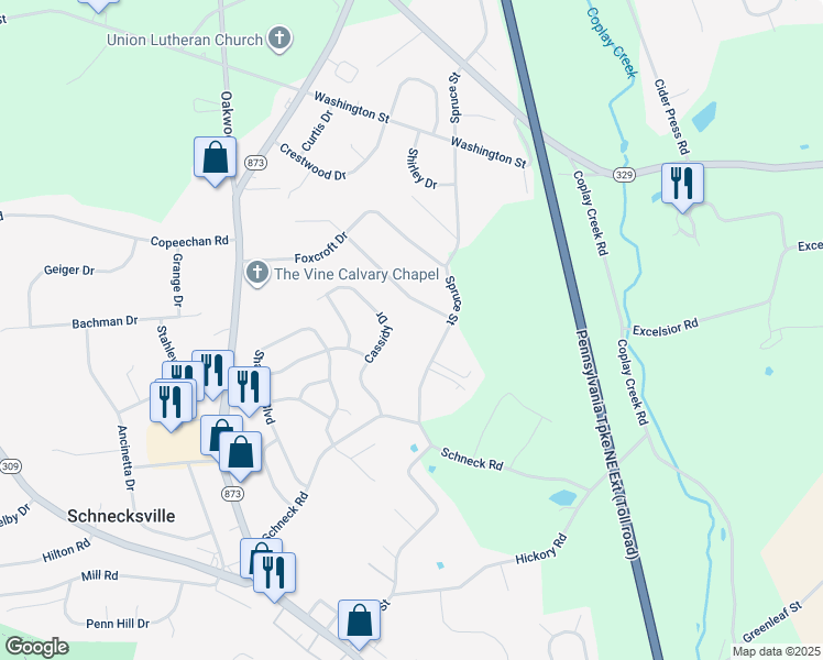 map of restaurants, bars, coffee shops, grocery stores, and more near 5135 Cassidy Drive in Schnecksville