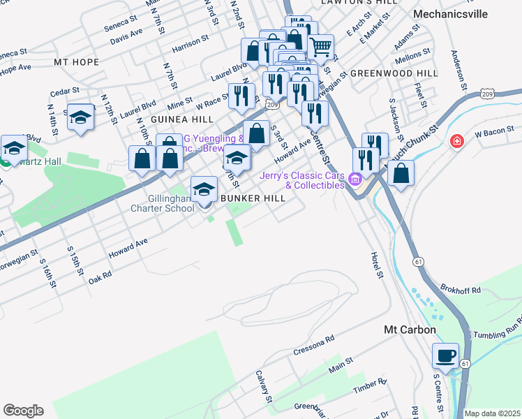 map of restaurants, bars, coffee shops, grocery stores, and more near 611 Pierce Street in Pottsville