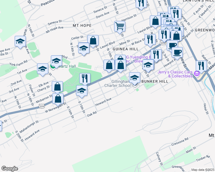 map of restaurants, bars, coffee shops, grocery stores, and more near 1220 Mahantongo Street in Pottsville