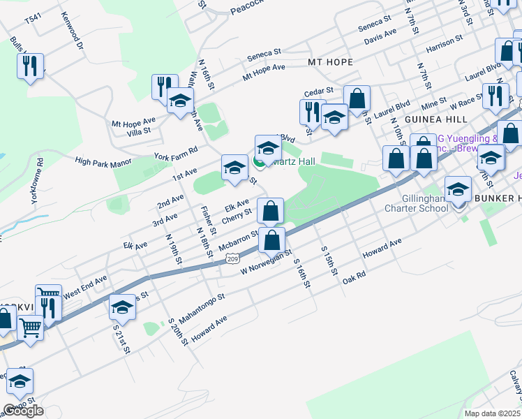 map of restaurants, bars, coffee shops, grocery stores, and more near 1613 Cherry Street in Pottsville