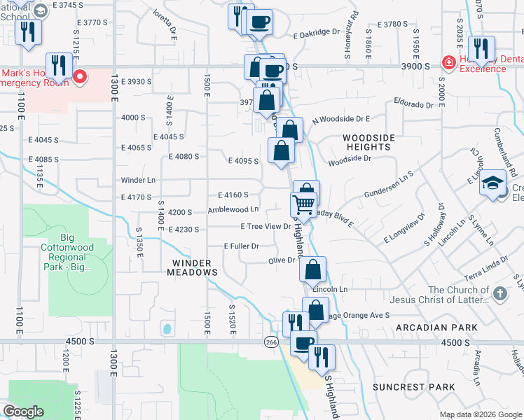 map of restaurants, bars, coffee shops, grocery stores, and more near 4194 South Carolyn Street in Millcreek