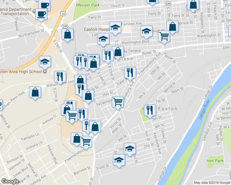 map of restaurants, bars, coffee shops, grocery stores, and more near 803 South 23rd Street in Easton