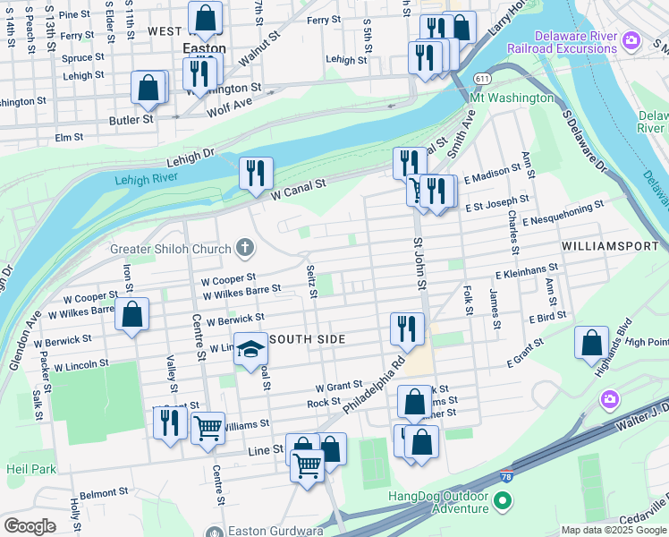 map of restaurants, bars, coffee shops, grocery stores, and more near 365 West Wilkes Barre Street in Easton