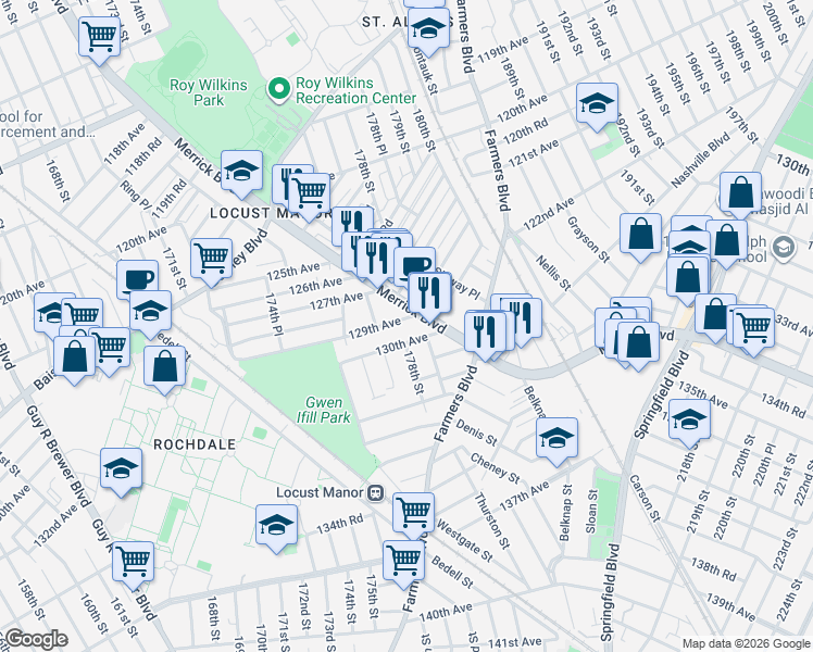 map of restaurants, bars, coffee shops, grocery stores, and more near 178-11 130th Avenue in Queens