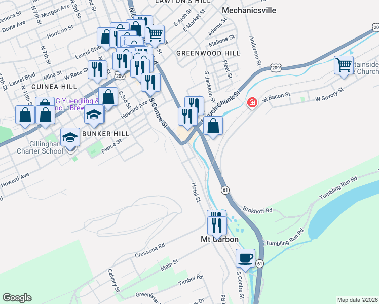 map of restaurants, bars, coffee shops, grocery stores, and more near 433 South Centre Street in Pottsville