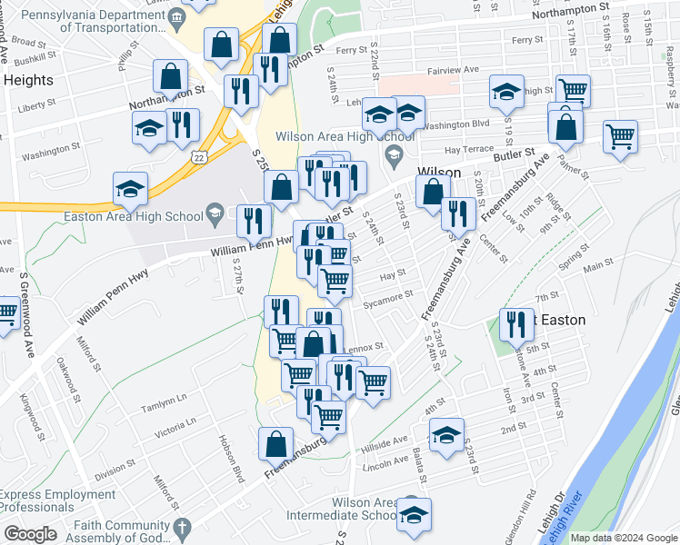 map of restaurants, bars, coffee shops, grocery stores, and more near 2466 Birch Street in Easton