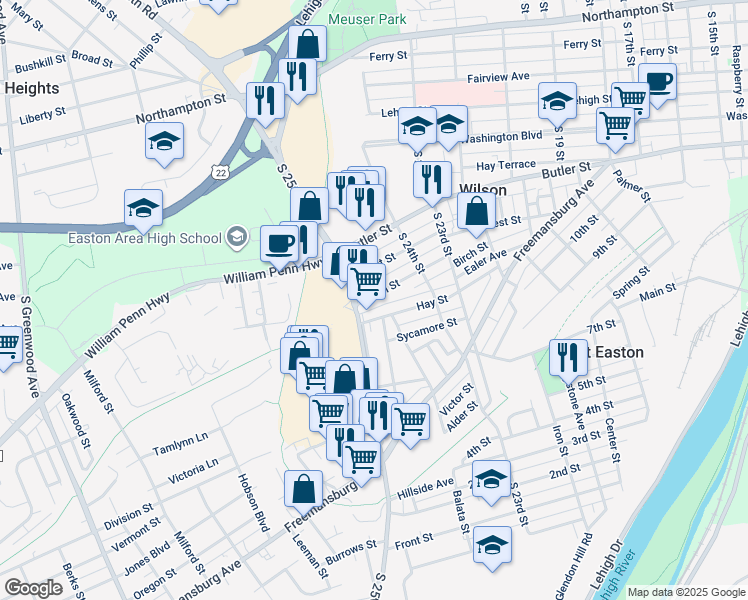 map of restaurants, bars, coffee shops, grocery stores, and more near 2466 Birch Street in Easton