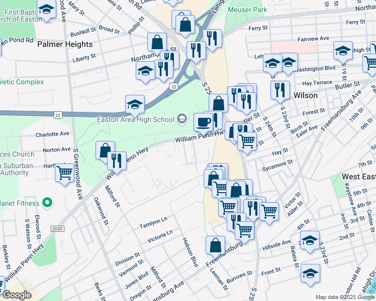 map of restaurants, bars, coffee shops, grocery stores, and more near 60 Craigie Street in Easton
