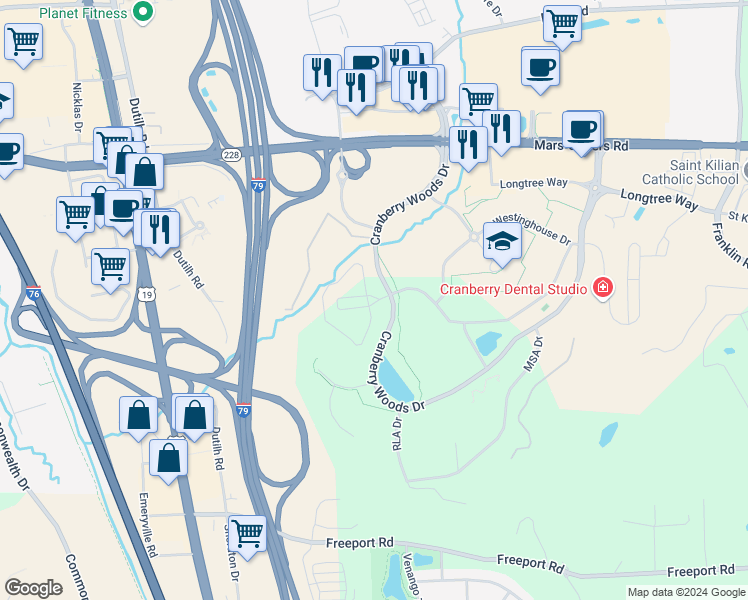 map of restaurants, bars, coffee shops, grocery stores, and more near 1000 Creekview Circle in Cranberry Township