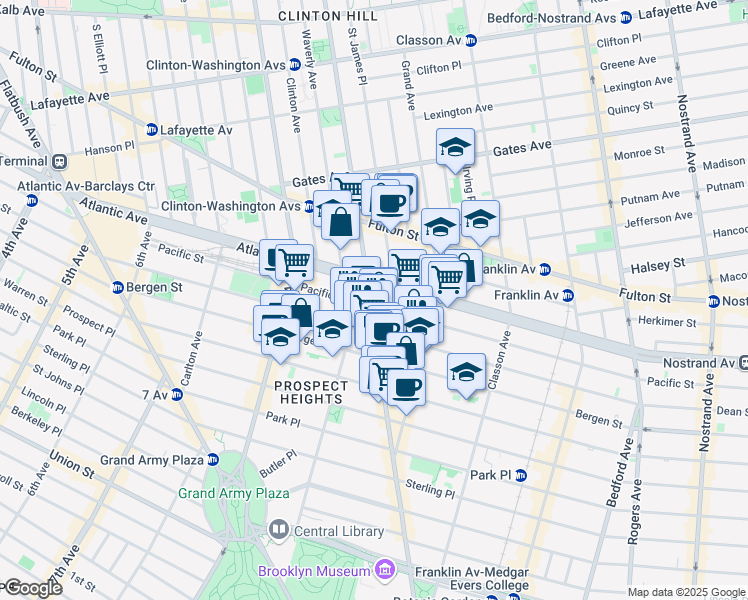map of restaurants, bars, coffee shops, grocery stores, and more near 579 Washington Avenue in Brooklyn