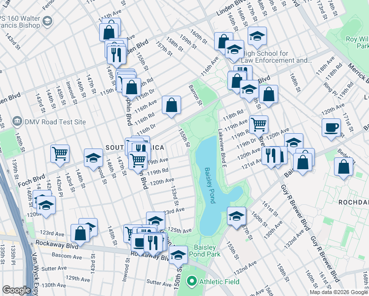 map of restaurants, bars, coffee shops, grocery stores, and more near 118-63 154th Street in Queens