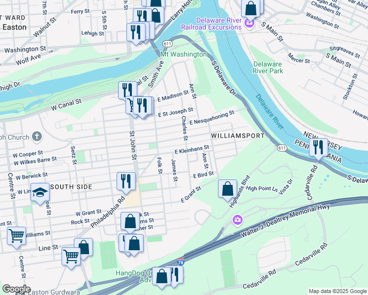 map of restaurants, bars, coffee shops, grocery stores, and more near 210 Terry Street in Easton