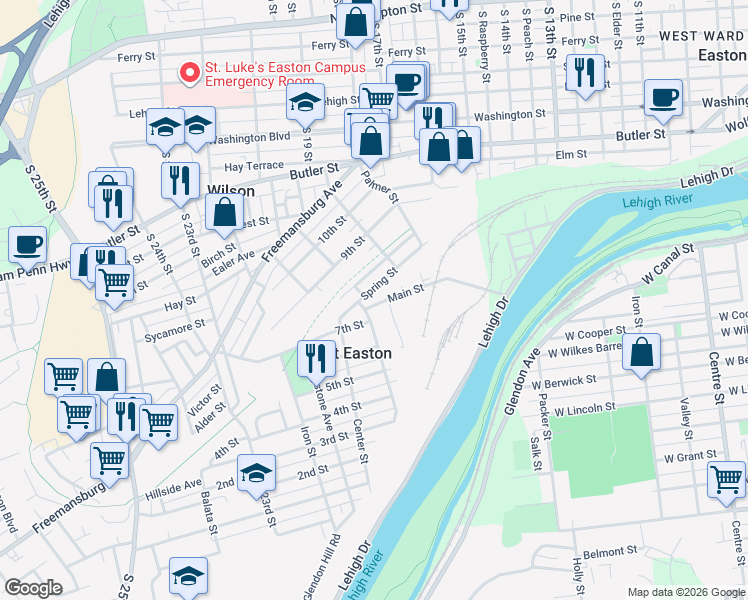 map of restaurants, bars, coffee shops, grocery stores, and more near 125 Main Street in Easton