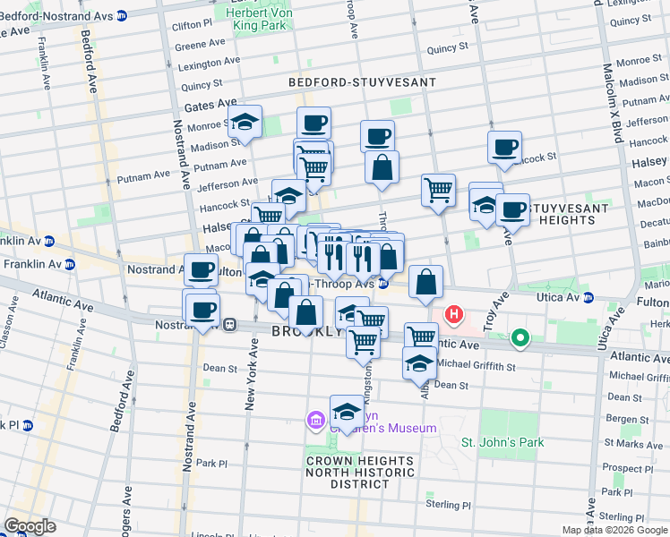 map of restaurants, bars, coffee shops, grocery stores, and more near 1471 Fulton Street in Brooklyn