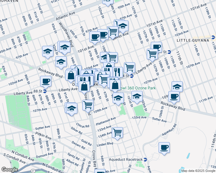 map of restaurants, bars, coffee shops, grocery stores, and more near 97-17 Rockaway Boulevard in Queens