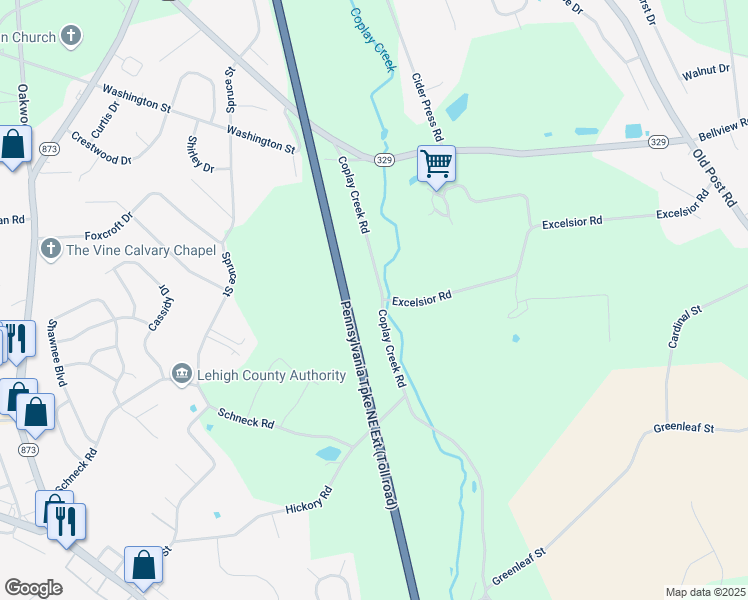 map of restaurants, bars, coffee shops, grocery stores, and more near 4940 Coplay Creek Road in Schnecksville