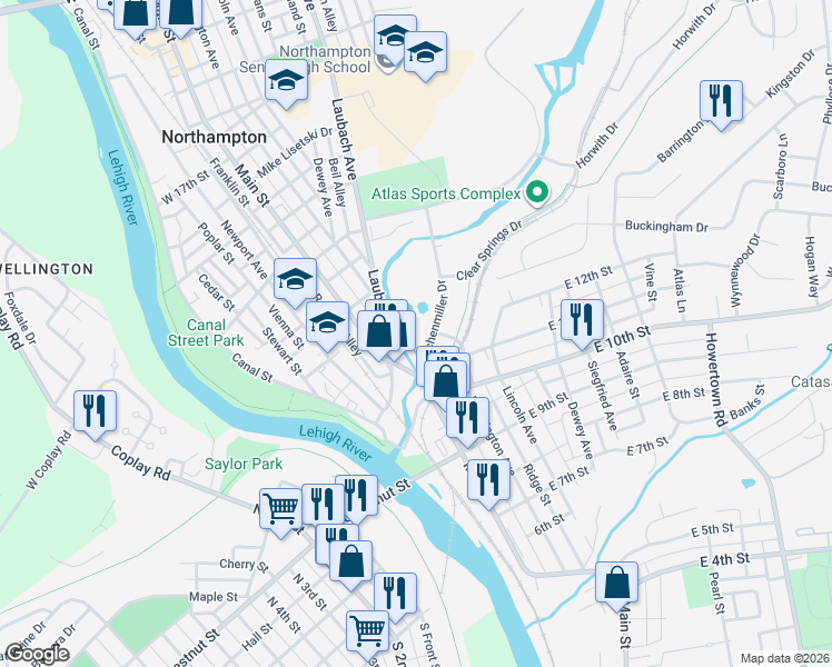 map of restaurants, bars, coffee shops, grocery stores, and more near 2 Lerchenmiller Drive in Northampton