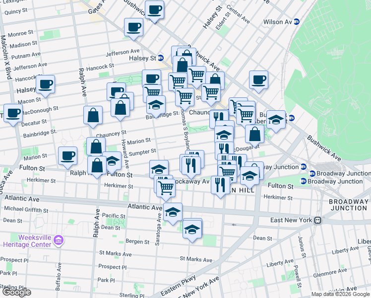 map of restaurants, bars, coffee shops, grocery stores, and more near 181 Macdougal Street in Brooklyn