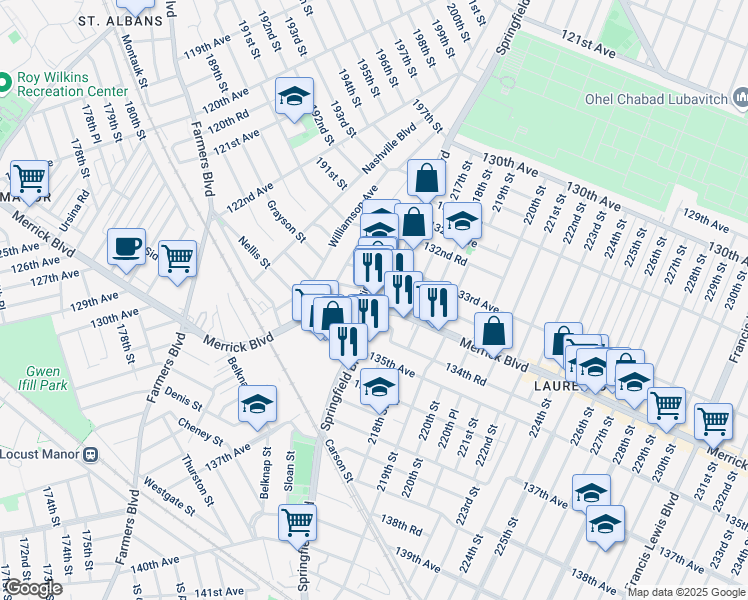 map of restaurants, bars, coffee shops, grocery stores, and more near 133-38 Springfield Boulevard in Queens