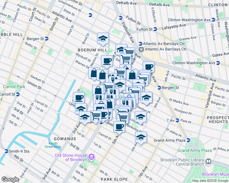map of restaurants, bars, coffee shops, grocery stores, and more near 130 4th Avenue in Brooklyn