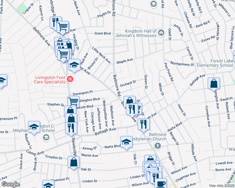 map of restaurants, bars, coffee shops, grocery stores, and more near 2 Floral Place in North Bellmore