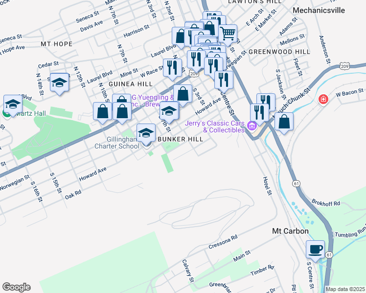 map of restaurants, bars, coffee shops, grocery stores, and more near 621 Pierce Street in Pottsville