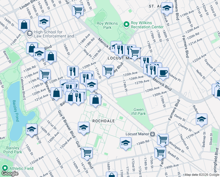 map of restaurants, bars, coffee shops, grocery stores, and more near 127-18 172nd Street in Queens