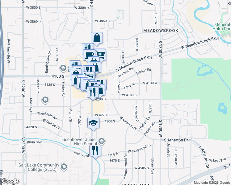 map of restaurants, bars, coffee shops, grocery stores, and more near 4194 South Oak Meadows Drive in Taylorsville