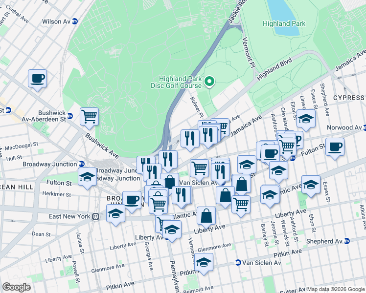 map of restaurants, bars, coffee shops, grocery stores, and more near 171 Jamaica Avenue in Brooklyn