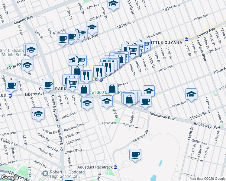 map of restaurants, bars, coffee shops, grocery stores, and more near 107-24 104th Street in Queens