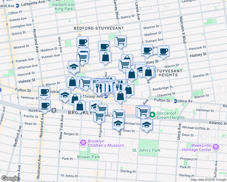 map of restaurants, bars, coffee shops, grocery stores, and more near 1545 Fulton Street in Brooklyn