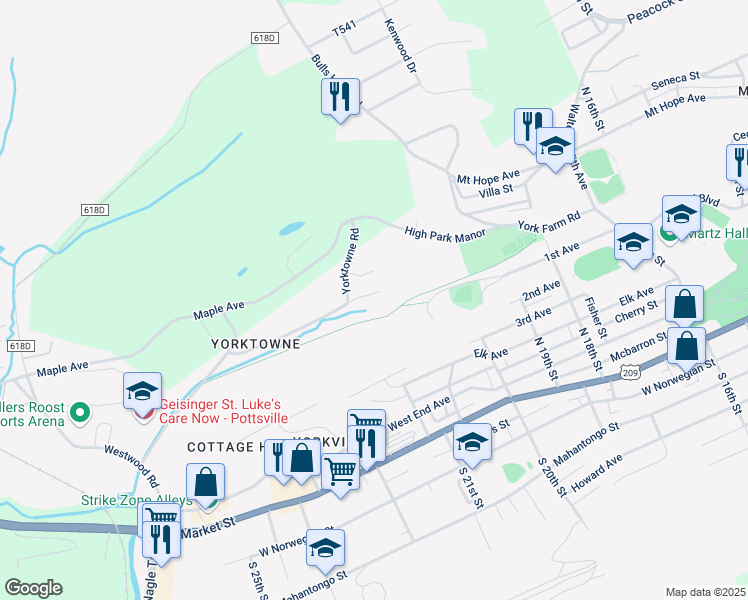 map of restaurants, bars, coffee shops, grocery stores, and more near 2057 Woodglen Road in Pottsville