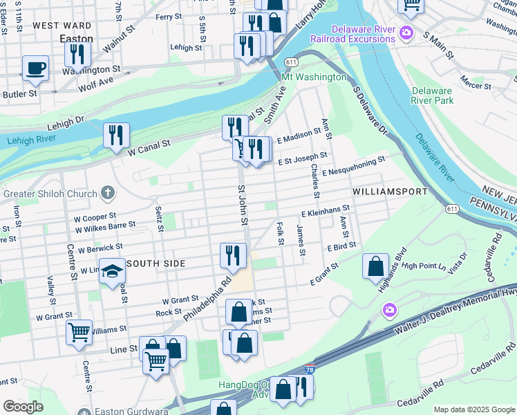 map of restaurants, bars, coffee shops, grocery stores, and more near 142 West Wilkes Barre Street in Easton