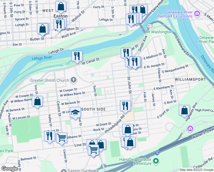 map of restaurants, bars, coffee shops, grocery stores, and more near 339 West Wilkes Barre Street in Easton