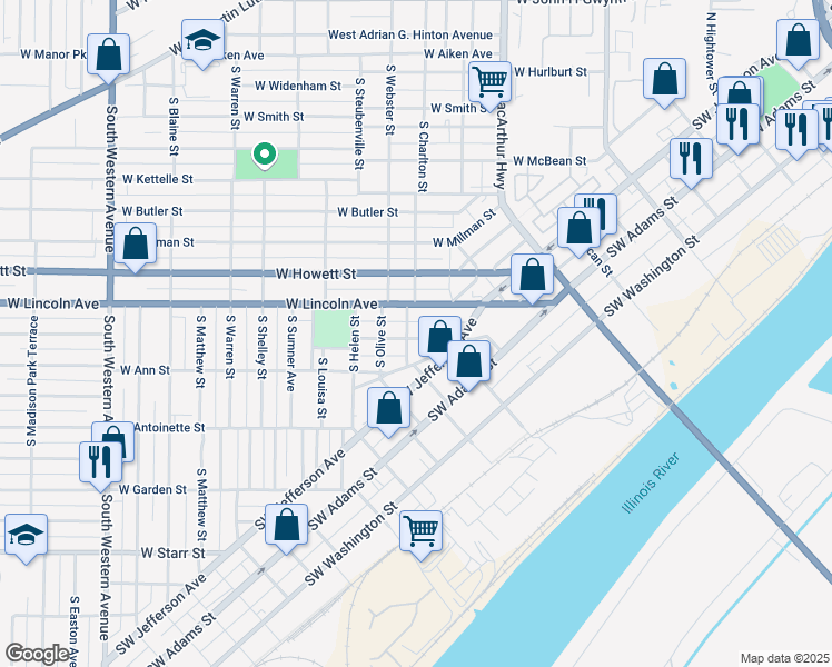 map of restaurants, bars, coffee shops, grocery stores, and more near 1103 West George Street in Peoria