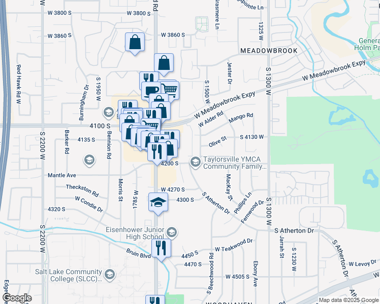 map of restaurants, bars, coffee shops, grocery stores, and more near 4158 South Oak Meadows Drive in Taylorsville