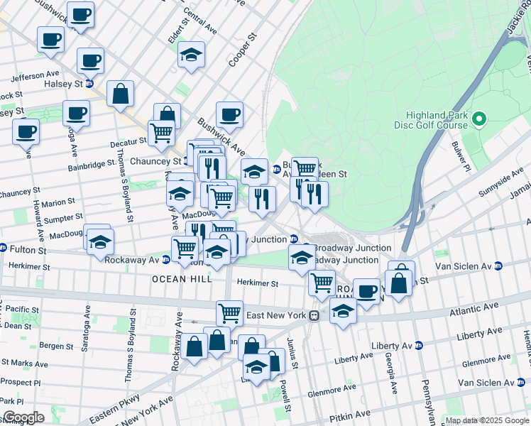 map of restaurants, bars, coffee shops, grocery stores, and more near 230 Hull Street in Brooklyn