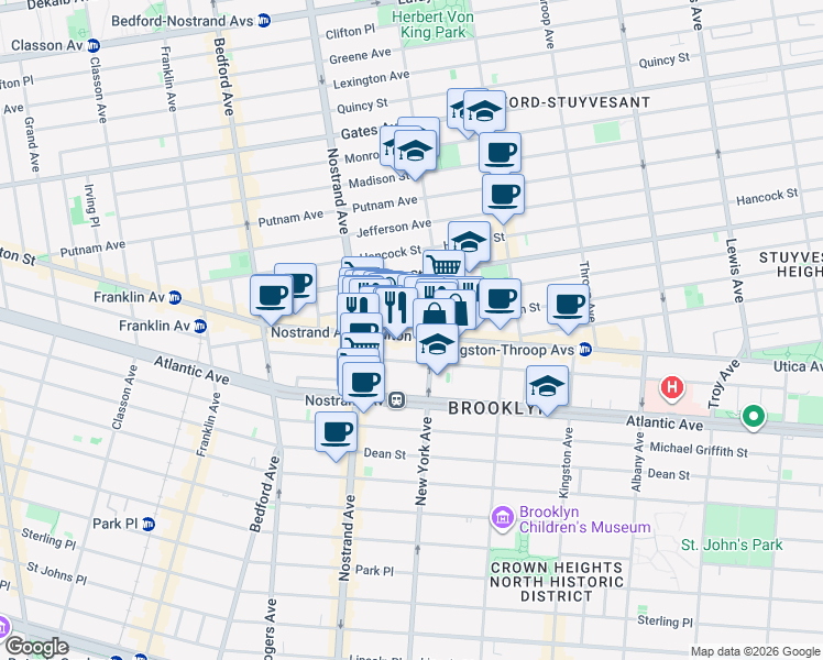 map of restaurants, bars, coffee shops, grocery stores, and more near 1341 Fulton Street in Brooklyn